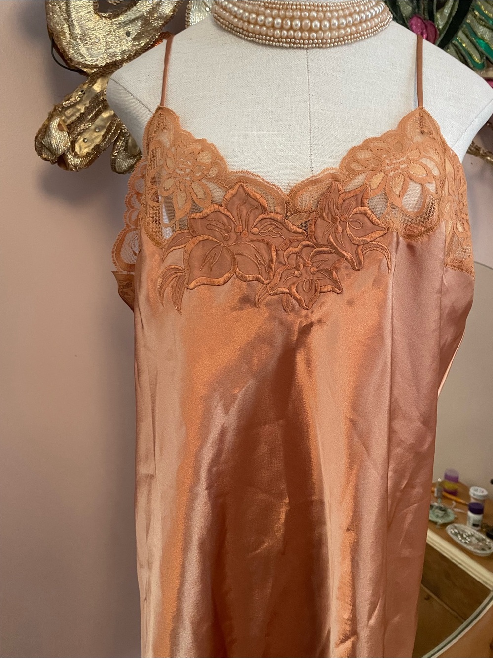 Lace-Trim Satin Chemise in Copper Tan